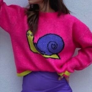 Zara Pink Snail Rainbow Jacquard Knit Sweater Stripes on Back, Womens size Small